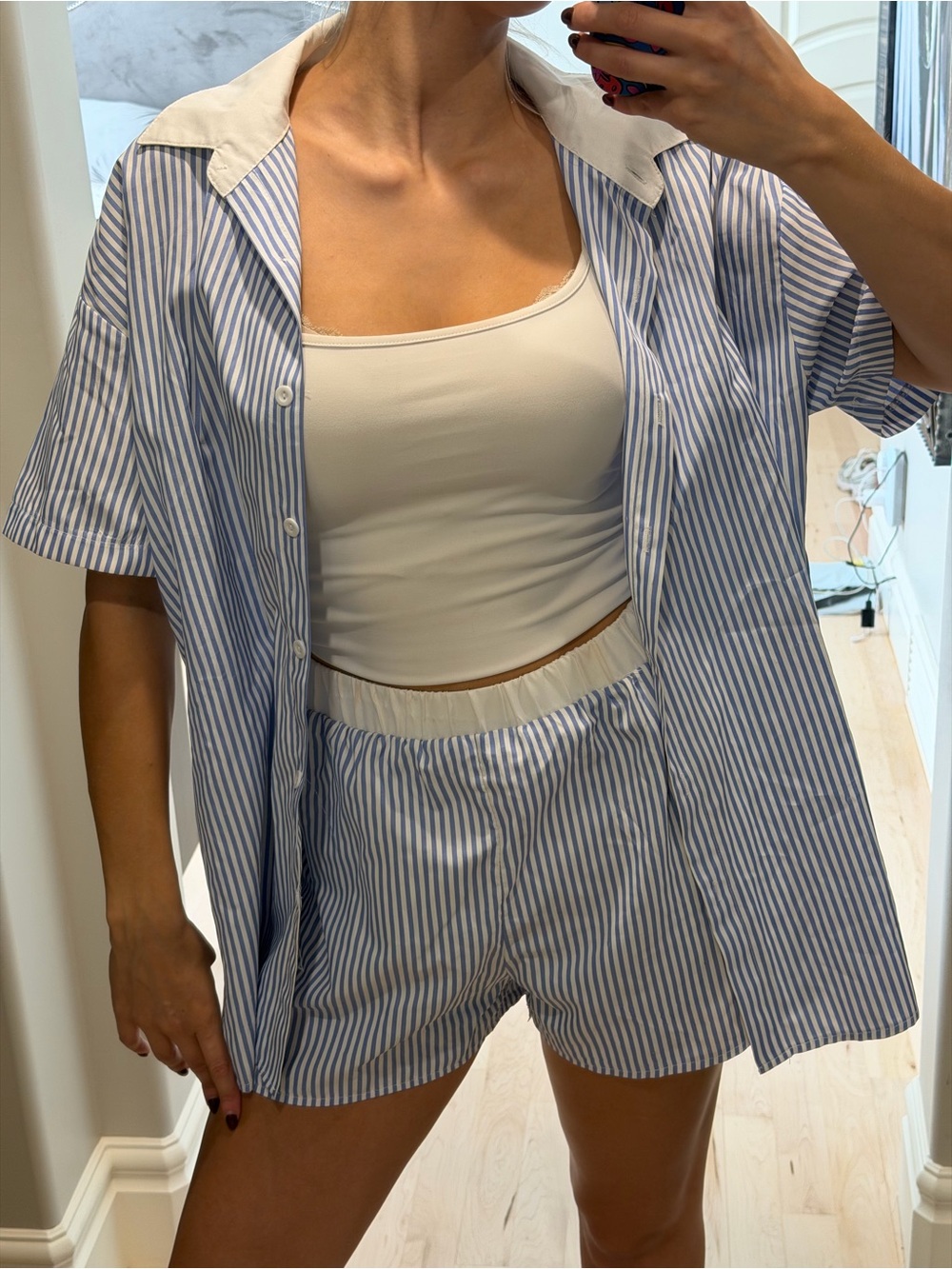 Blue and White Striped Short-Sleeve button down & short Set with Cream Collar